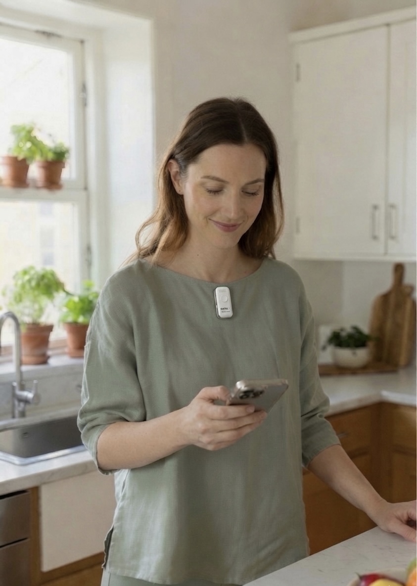 A person wearing Biota1 on their lapel during everyday life